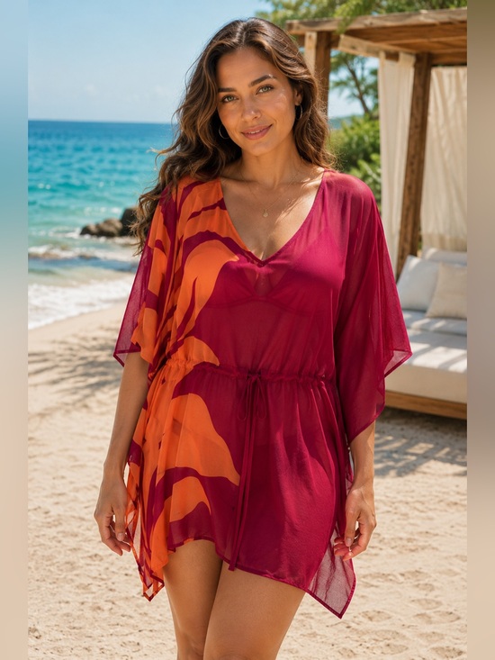 Lane Bryant Other - Lane Bryant Magenta & Orange V-Neck Swim Cover-Up Tunic with Drawstring